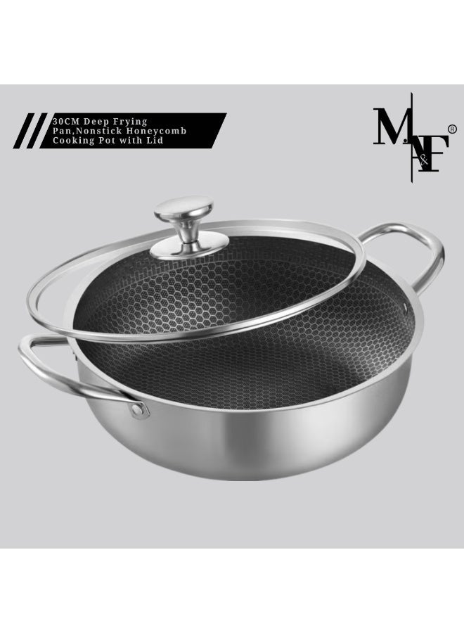 م.ا & ف'س مقلاة سوتيه من الفولاذ المقاوم للصدأ، مقلاة عميقة 30 سم، أواني طهي بغطاء، قدر طهي غير لاصق بتصميم خلية النحل مع مقابض، مقلاة كاداي كبيرة، مقلاة ووك متوافقة مع جميع أنواع المواقد، آمنة للغسل في غسالة الأطباق - Image 1